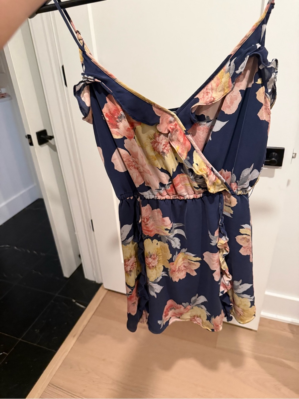 Joie Navy Floral Spaghetti-Strap Mini Dress with Pink & Yellow Blooms